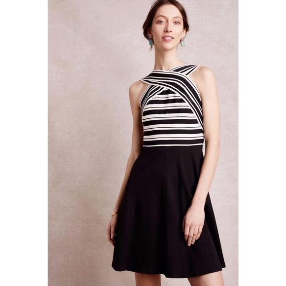 NEW Anthropologie Maeve Black Crosswise Flare Dress Size Small Retails $158 B&W